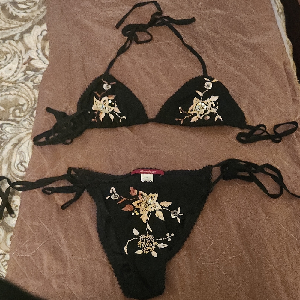 VINTAGE embroidered Black Bikini Set
